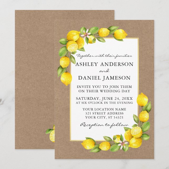 Watercolor Lemons Greenerity Kraft Wedding Einladung (Vorne/Hinten)
