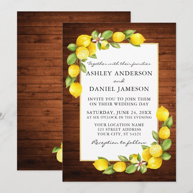 Watercolor Lemons Greenerity Wood Wedding Einladung (Vorne/Hinten)