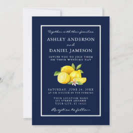 Watercolor Lemons Greenery Blue Wedding Einladung