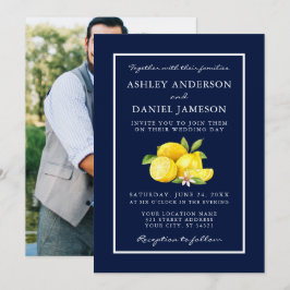 Watercolor Lemons Greenery Blue Wedding Foto Einladung