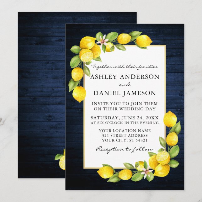 Watercolor Lemons Greenery Blue Wood Wedding Einladung (Vorne/Hinten)