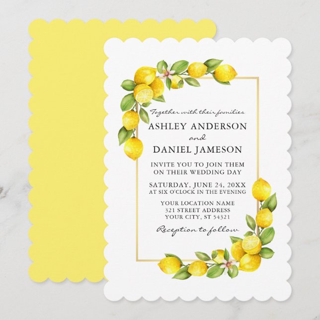 Watercolor Lemons Greenery Yellow Wedding Einladung (Vorne/Hinten)