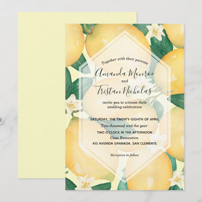 Watercolor Lemons Grüne Hochzeit Einladungen (Vorne/Hinten)