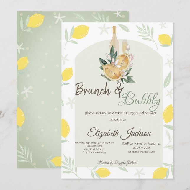 Watercolor Lemons Rahmen Brunch & Bubbly Einladung (Vorne/Hinten)
