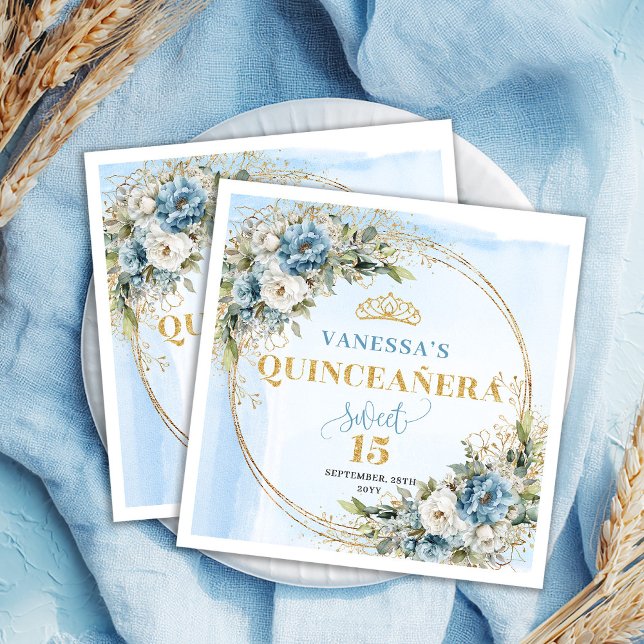 Watercolor Light Blue Flowers Quinceañera Napkins Serviette (Watercolor Light Blue Flowers Quinceañera Napkins)