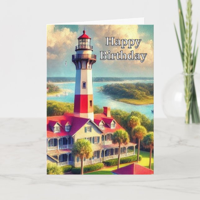 Watercolor Lighthouse Happy Birthday Gruß Karte (Vorderseite)