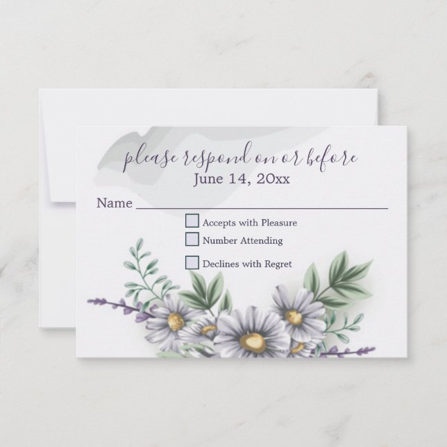 Watercolor Lila Daisy Wedding RSVP Karte (Vorderseite)