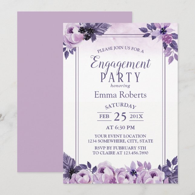 Watercolor Lila Floral Wedding Party Einladung (Vorne/Hinten)