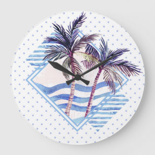 Watercolor-lila geometrisches Palme-Muster Große Wanduhr