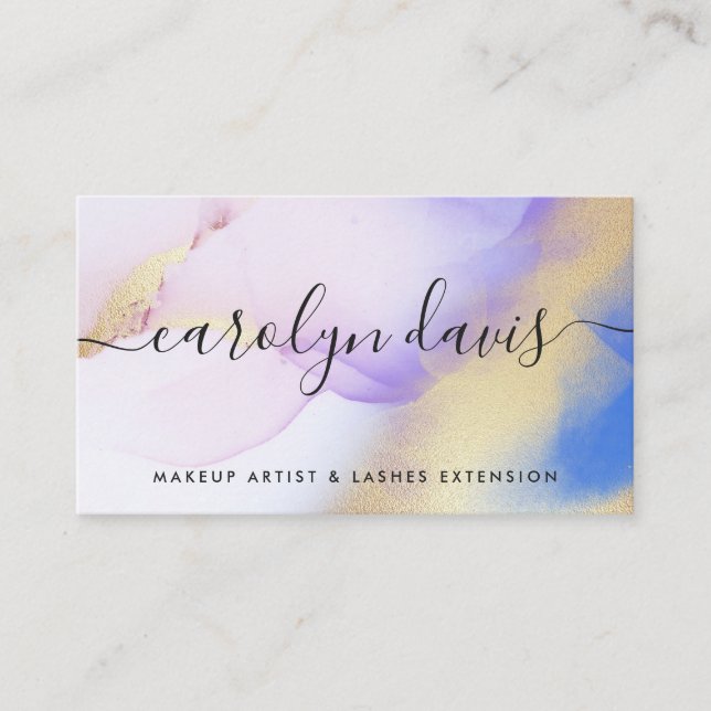 Watercolor Lila Gold Abstrakte Kalligrafie Visitenkarte (Vorderseite)