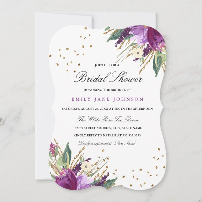 Watercolor Lila Gold Blume Brautparty Einladung (Vorderseite)