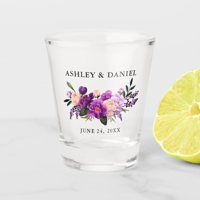 Watercolor-lila ultraviolette Blumenhochzeit Schnapsglas (Vorderseite)