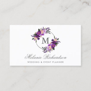Watercolor-lila ultraviolettes mit Blumenmonogramm Visitenkarte