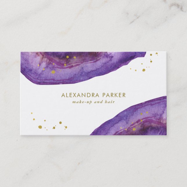Watercolor lila und Imitat-Gold Geode Visitenkarte (Vorderseite)