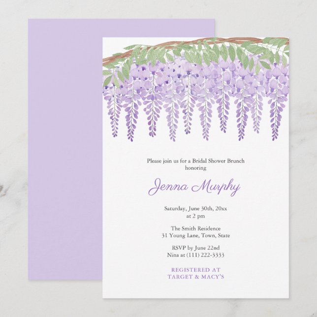 Watercolor Lila Wisteria Brautparty Party Einladung (Vorne/Hinten)