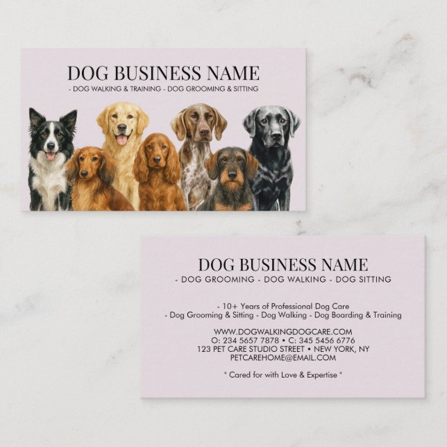 Watercolor Lilac Dog Breeds Pet Groomer Visitenkarte (Vorne/Hinten)