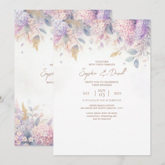 Watercolor Lilac Wedding Einladung (Vorne/Hinten)