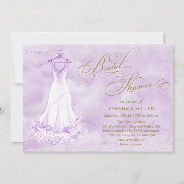 Watercolor Lilac Wedding Gown Brautparty Einladung (Vorderseite)