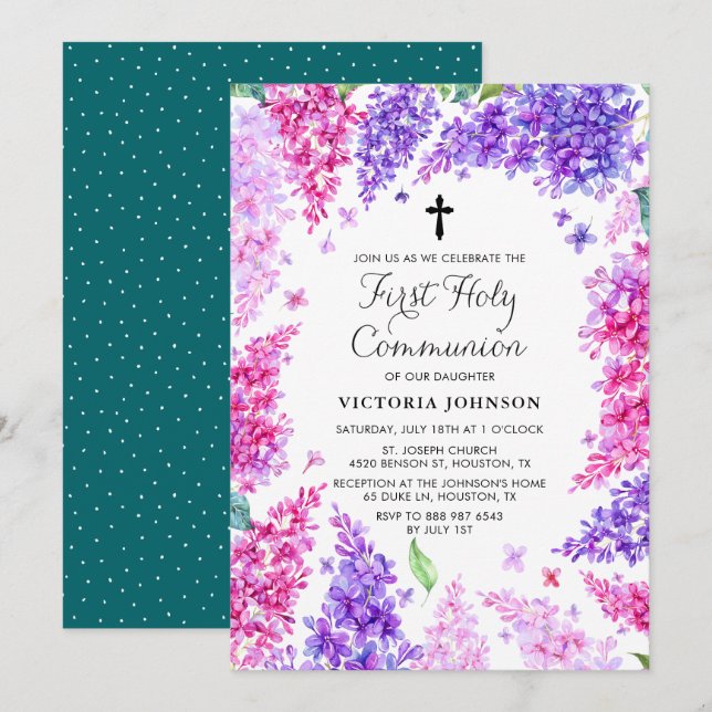 Watercolor Lilac Wreath Erste Heilige Kommune Einladung (Vorne/Hinten)