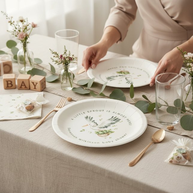 Watercolor Little Sprout stork Baby Shower Pappteller (Von Creator hochgeladen)