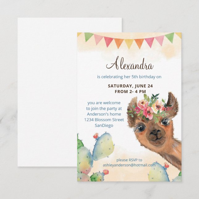 Watercolor Llama Birthday Einladung (Vorne/Hinten)