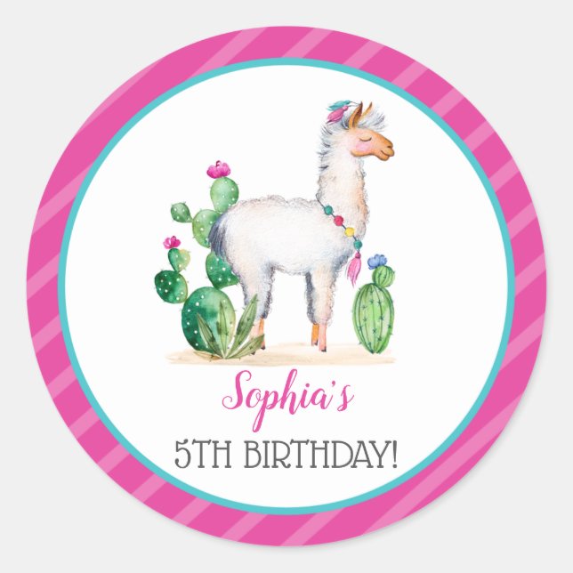 Watercolor Llama Birthday Runder Aufkleber (Vorderseite)