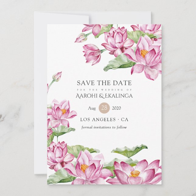 Watercolor Lotus Blume Indian Wedding Save The Date (Vorderseite)