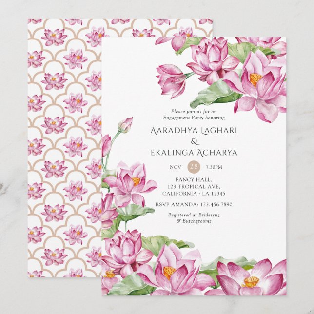 Watercolor Lotus Blume Indische Partnerpartei Einladung (Vorne/Hinten)