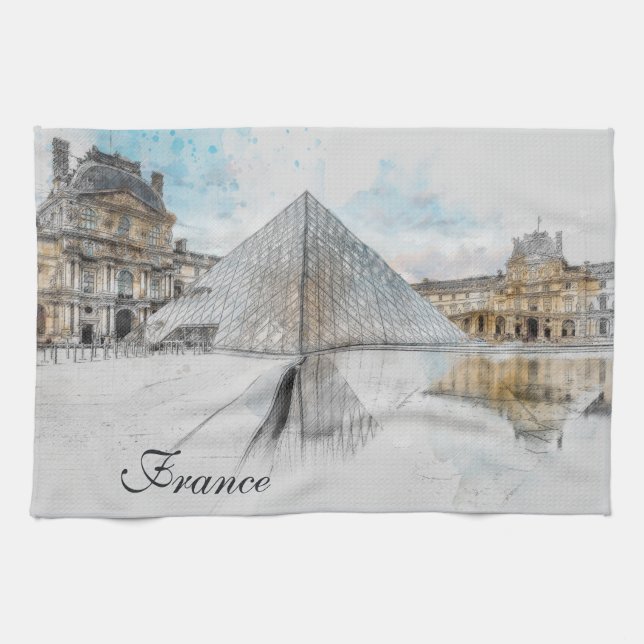 Watercolor Louvre Paris Frankreich Küchentuch (Horizontal)
