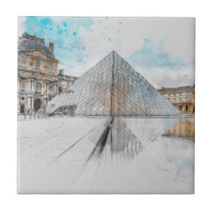 Watercolor Louvre Paris Keramik Tile Wall Deco Fliese