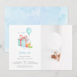 Watercolor Macaroons Baby Boy Birthday Party Foto Einladung