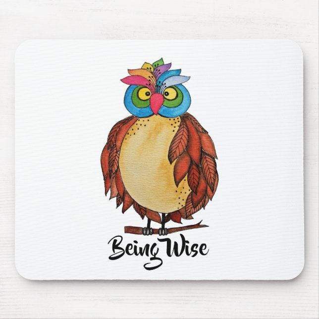 Watercolor Magical Owl mit Regenbogenfedern Mousepad (Vorne)