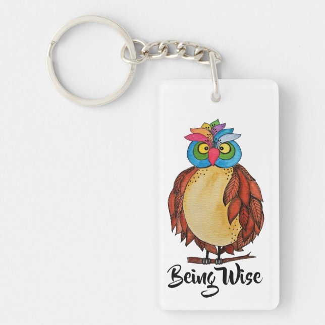 Watercolor Magical Owl mit Regenbogenfedern Schlüsselanhänger (Vorderseite)