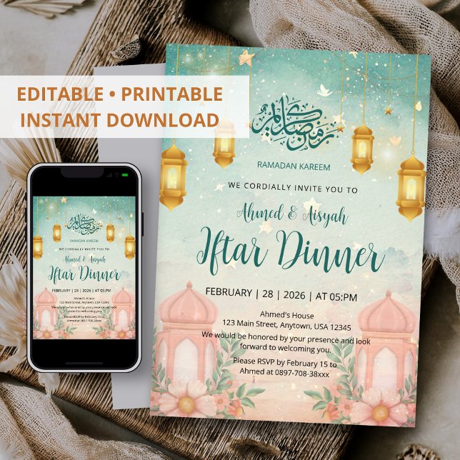 Watercolor Magical Teal and Peach Iftar Invitation (Créateur téléchargé)