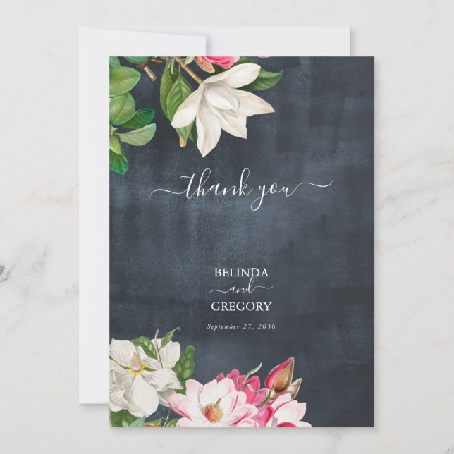 Watercolor Magnolia Blume Hochzeit Schwarz-weiß Dankeskarte (Vorderseite)