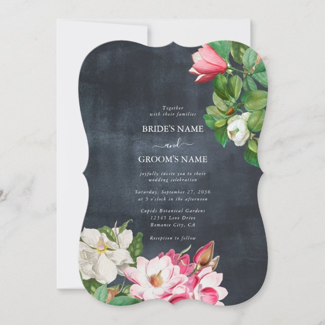Watercolor Magnolia Blume Hochzeit Schwarz-weiß Einladung (Vorderseite)