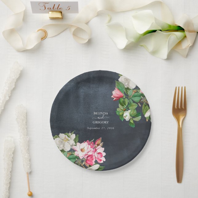 Watercolor Magnolia Blume Hochzeit Schwarz-weiß Pappteller (Hochzeit)