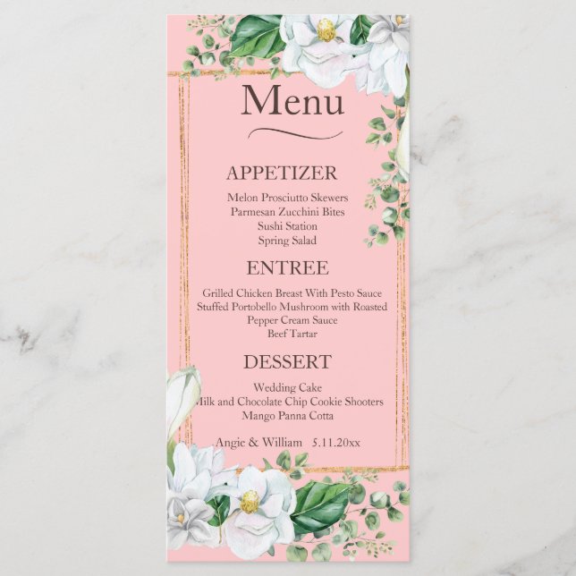 Watercolor Magnolia Blush Wedding Menu Menükarte (Vorderseite)
