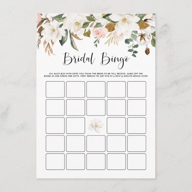 Watercolor Magnolia Cotton Brautparty Bingo Begleitkarte (Vorderseite)