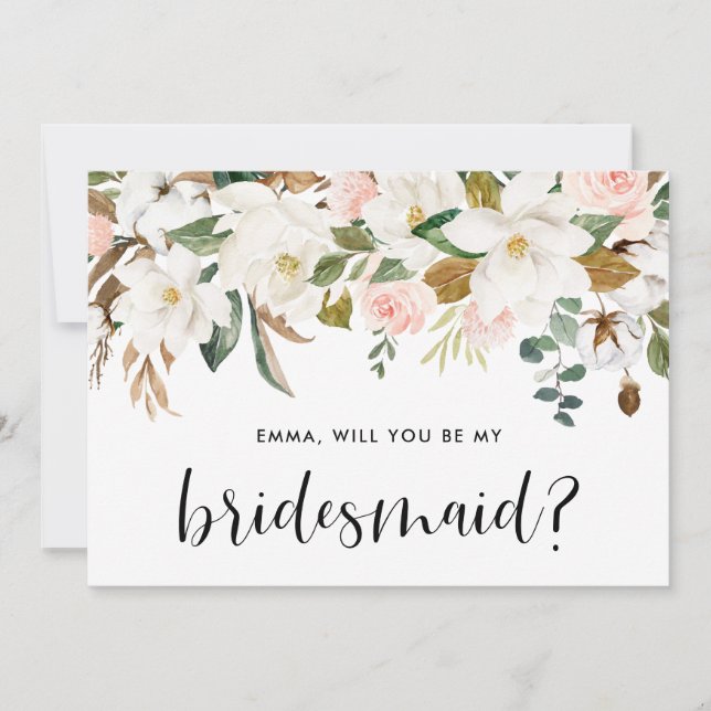 Watercolor Magnolia Cotton Garland Bridesmaid Card (Vorderseite)