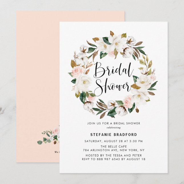 Watercolor Magnolia Cotton Wreath Brautparty Einladung (Vorne/Hinten)