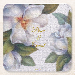 Watercolor Magnolia Gold Script Custom Wedding Rechteckiger Pappuntersetzer