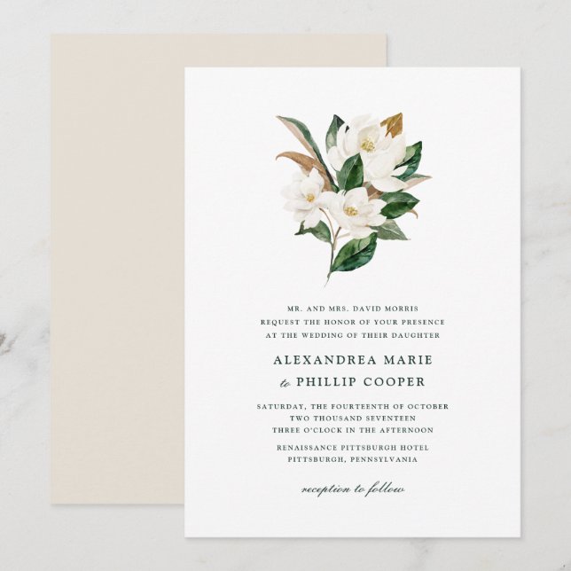 Watercolor Magnolia Hochzeit Einladung (Vorne/Hinten)