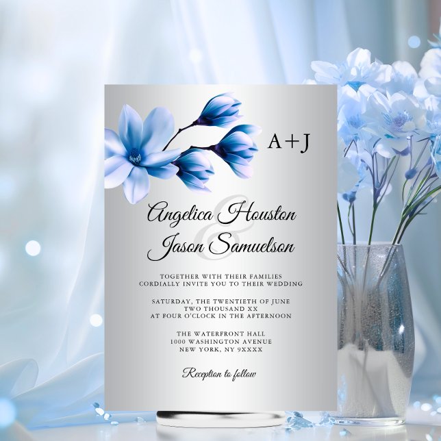 Watercolor Magnolia Navy Blue Silver Gray Wedding Einladung (Watercolor Magnolia Navy Blue Silver Grey Wedding Invitation)