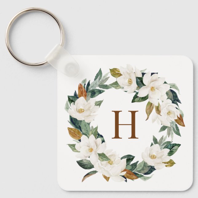 Watercolor Magnolia und Eualyptus Wreath Monogram Schlüsselanhänger (Vorderseite)