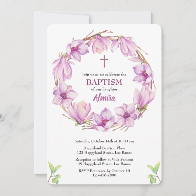 Watercolor Magnolia Wreath Taufe Einladung (Vorderseite)