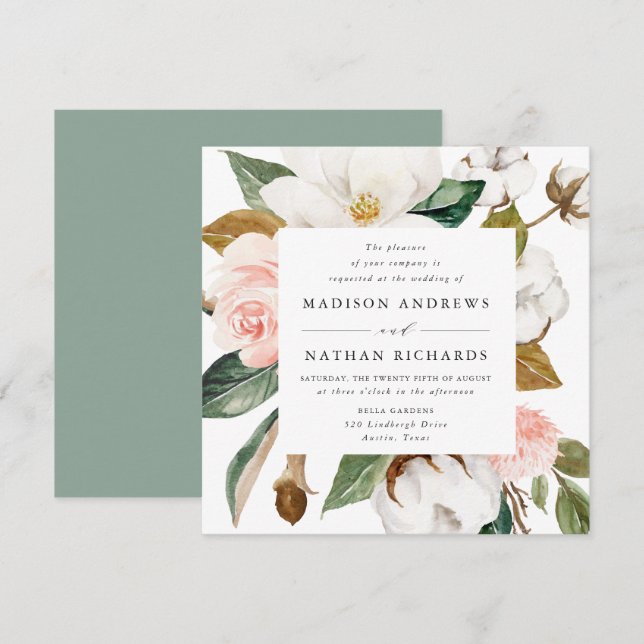 Watercolor Magnolias | Blumenhochzeit Einladung (Vorne/Hinten)