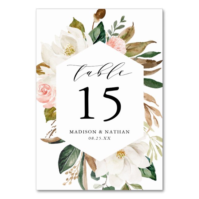 Watercolor Magnolias | Blumenhochzeit Tischnummer (Vorderseite)
