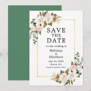 Watercolor Magnolias Rose Gold Frame Green Save The Date