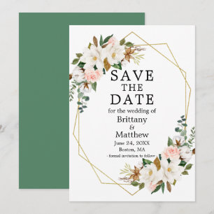Watercolor Magnolias Rose Gold Geo Frame Green Save The Date